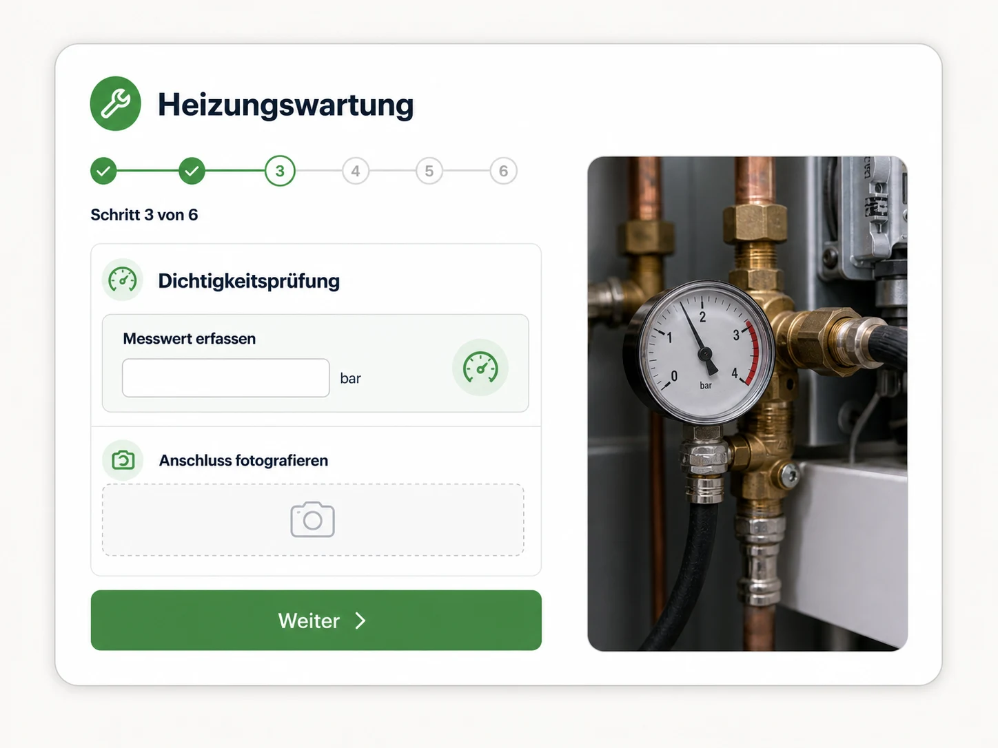 Geführter Arbeitsschritt einer Heizungswartung mit Messwert und Fotopflicht