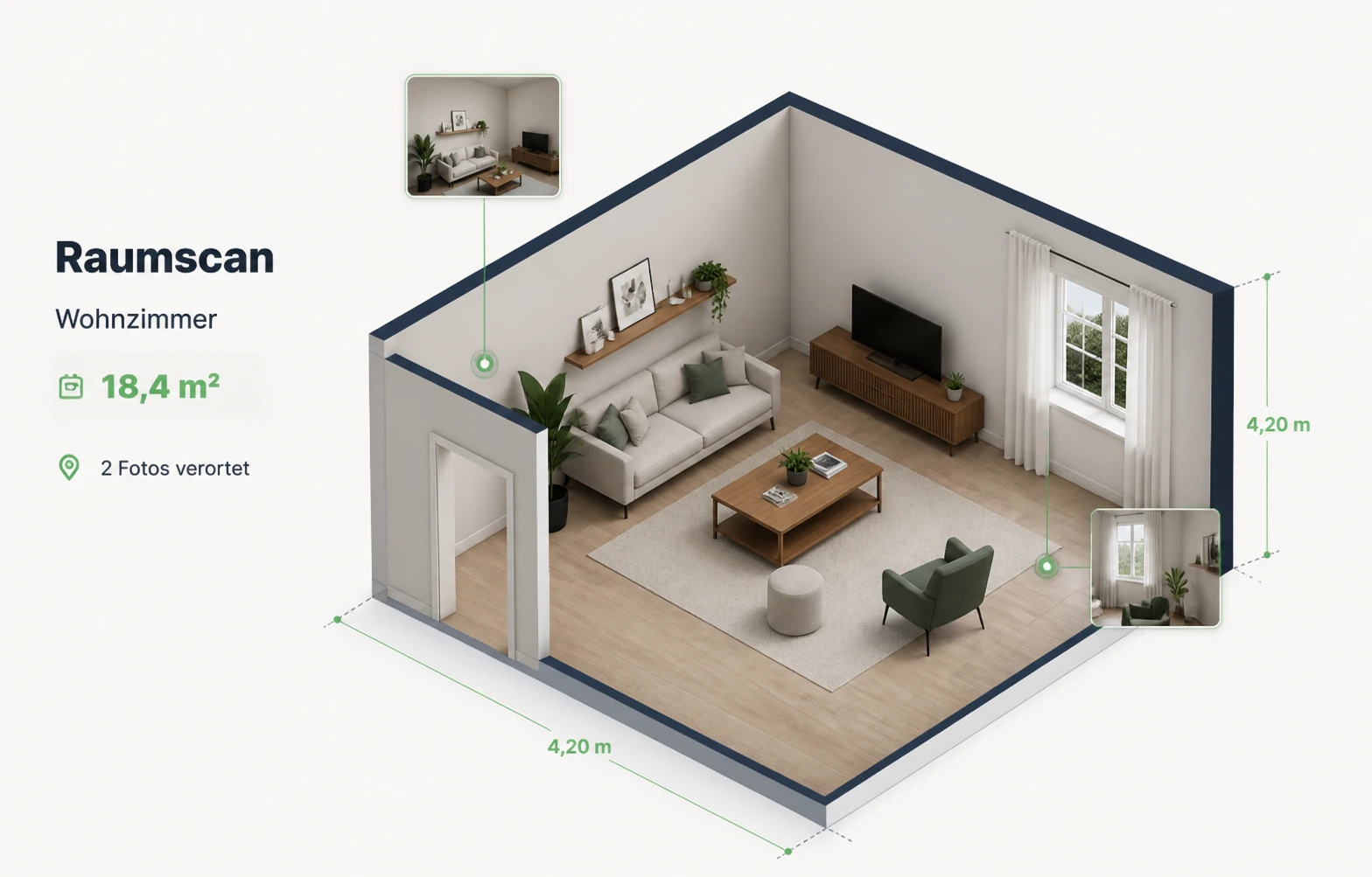 RoomGuide-Raumscan mit Wänden, Öffnungen, Maßen und räumlich verorteten Fotos