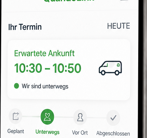QuandoLink-Ausschnitt mit erwarteter Ankunft von 10:30 bis 10:50 und dem Status Unterwegs