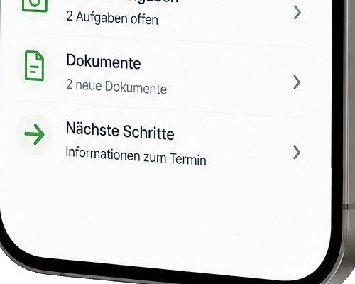 QuandoLink-Ausschnitt mit den Bereichen Dokumente und Nächste Schritte