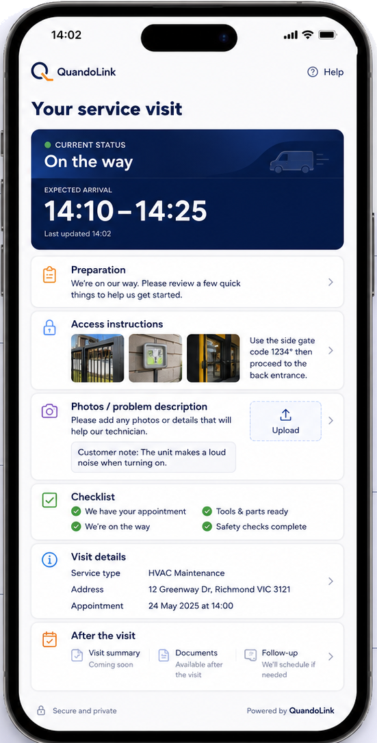 QuandoLink service visit portal on a mobile phone